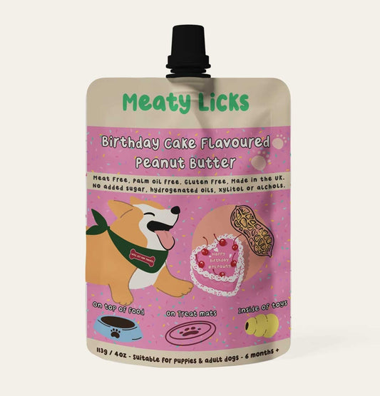 Meaty Licks Birthday Cake Peanut Butter Pouch For Dogs